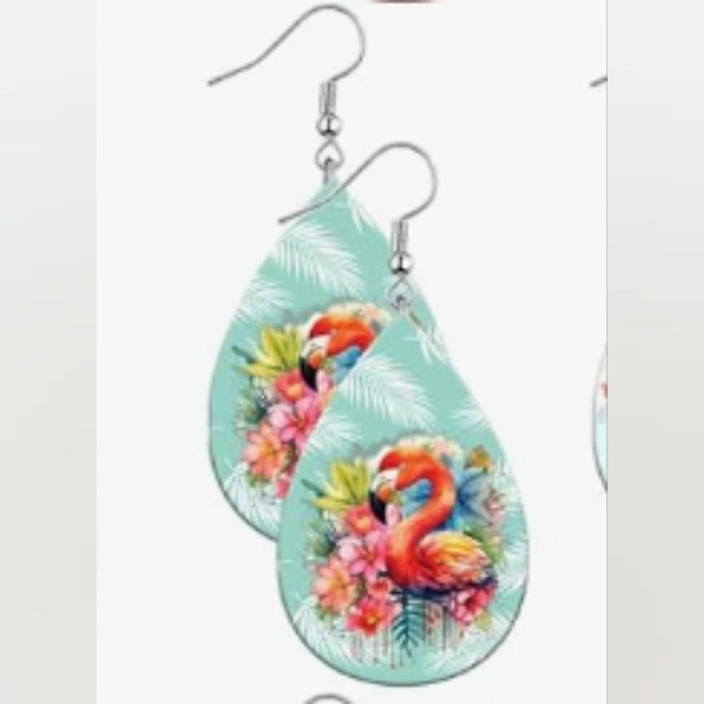 Flamingo teardrop earrings wooden new e17‎